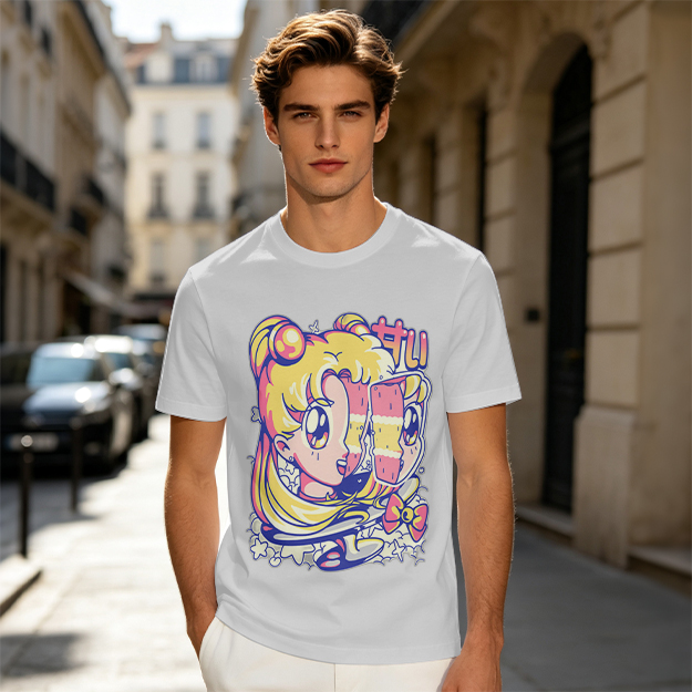 Olive T-Shirt With Glitch Anime Girl Graphic Print
