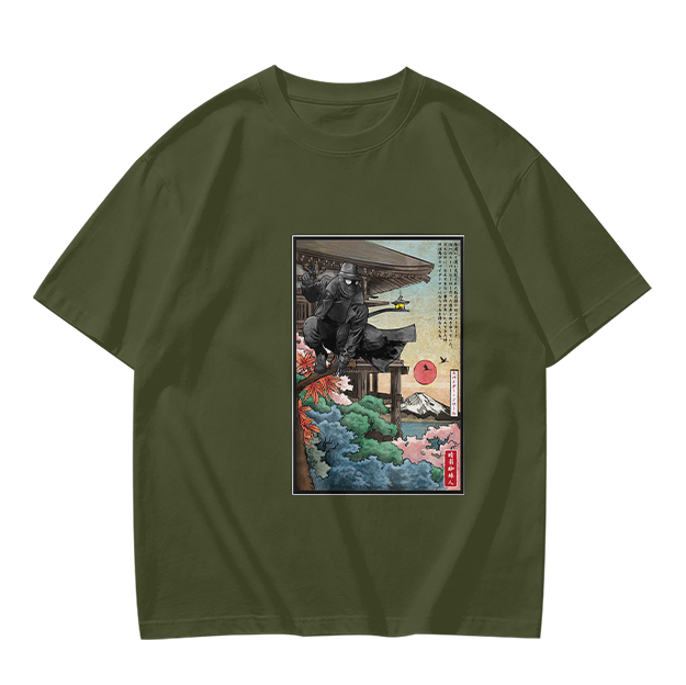 Olive T-Shirt with Ukiyo-e Style Samurai Warrior Print