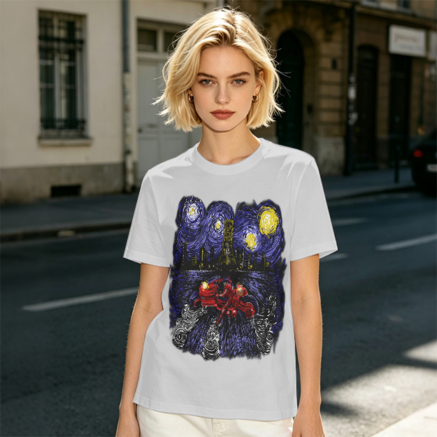 Olive T-Shirt with Starry Night Superhero Cityscape Art Print