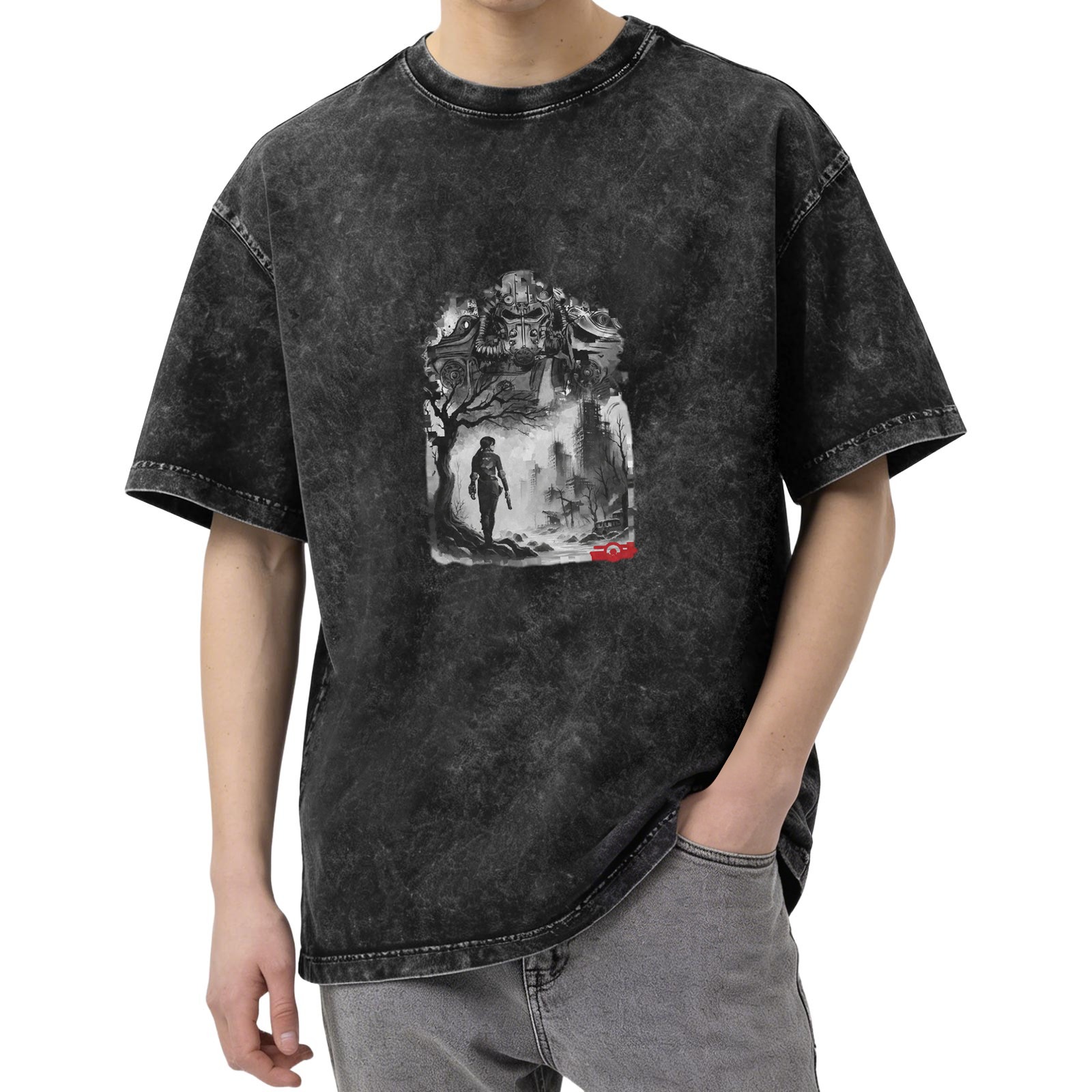 Distressed black wasteland style printed short-sleeved T-shirt