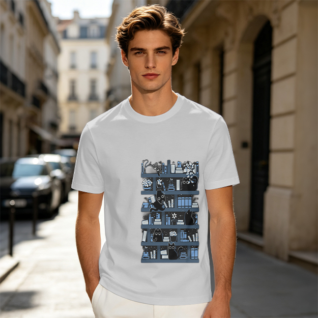 Olive Green T-Shirt With Black Cats On Bookshelves Graphic