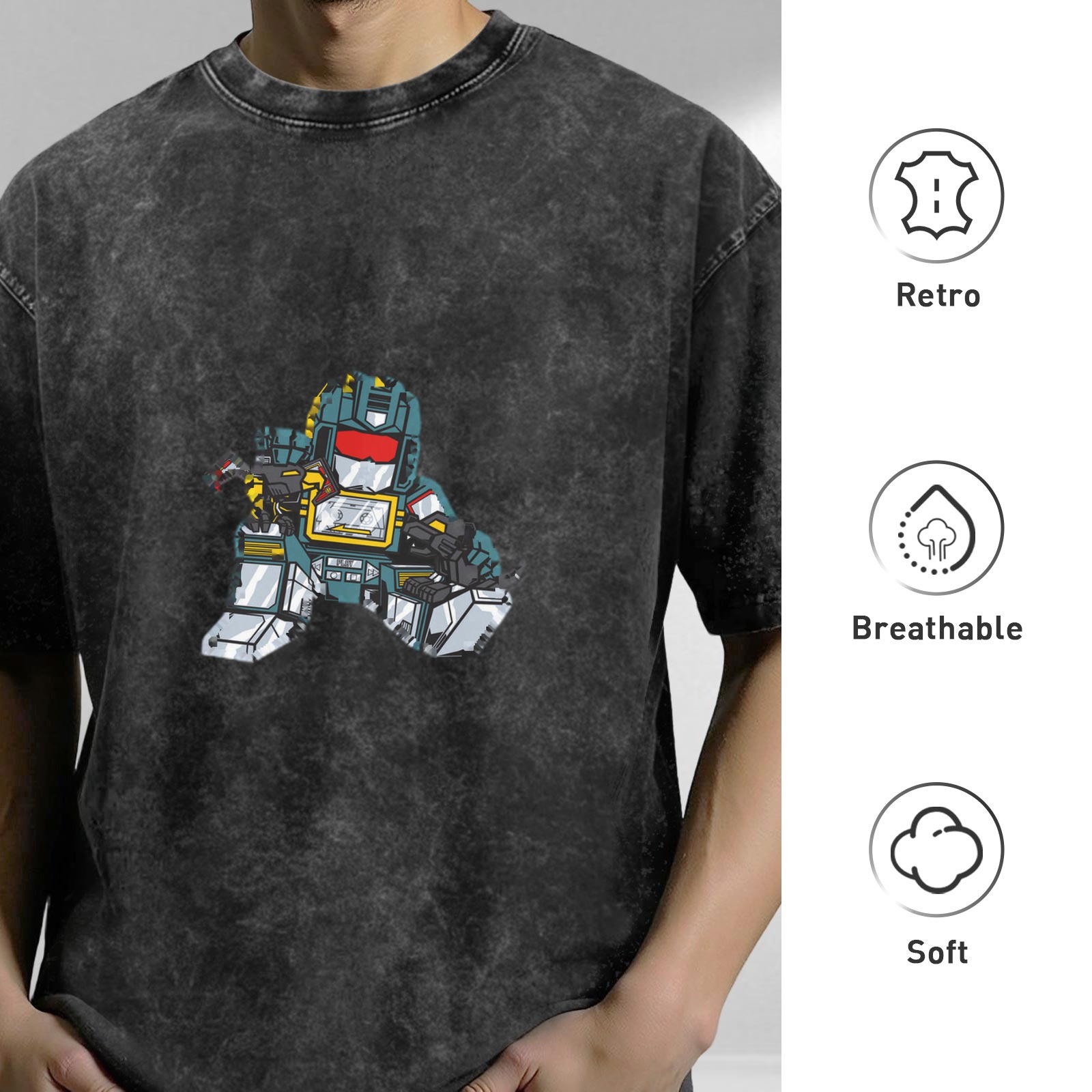 Oversized Acid Wash Black T-Shirt with Chibi Transformers Soundwave Graphic Print