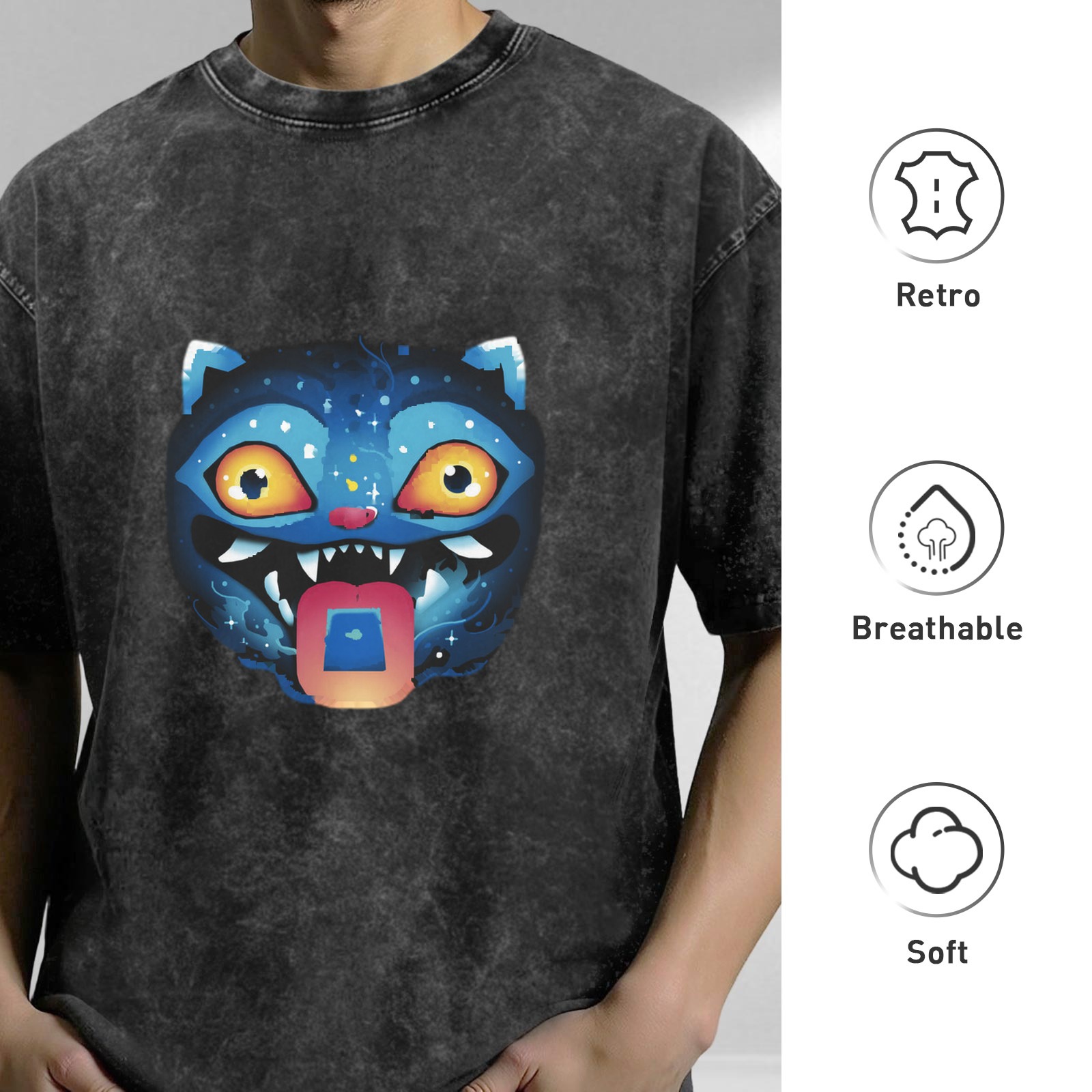 Oversized Acid Wash T-Shirt With Cosmic Blue Monster Cat Graphic