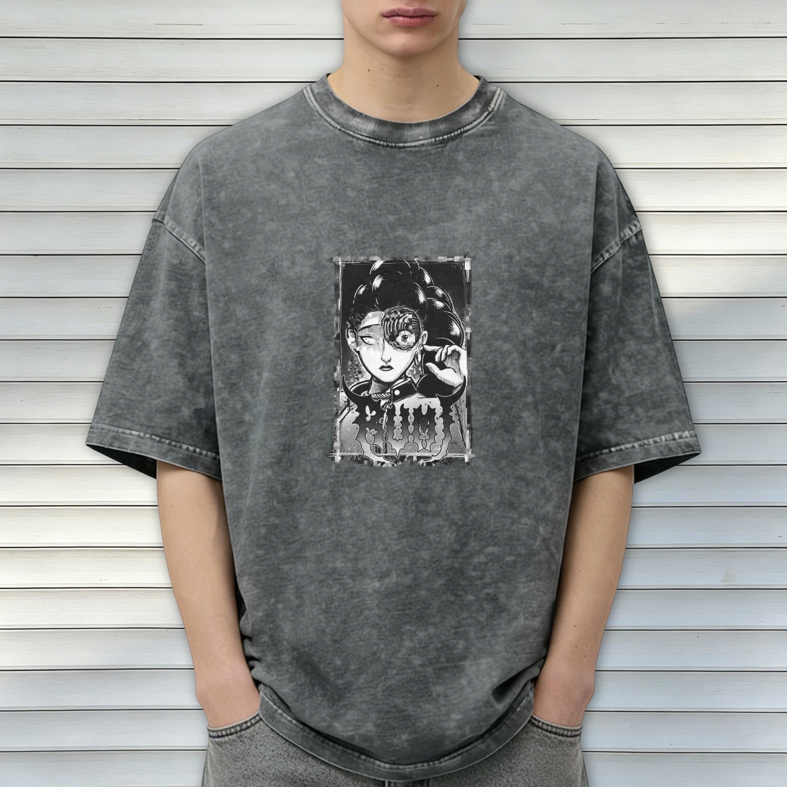 Washed black oversized t-shirt with dark anime-style graphic print