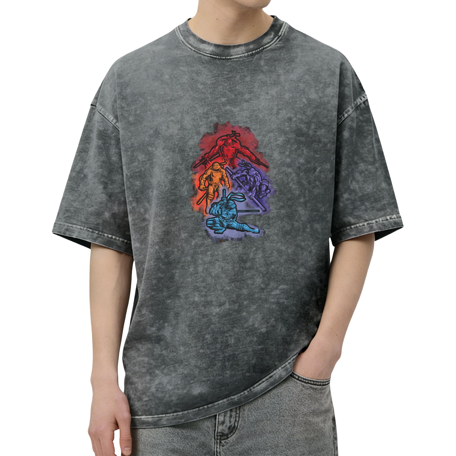 Washed Black Oversized T-Shirt With Ninja Turtle Graphic Print