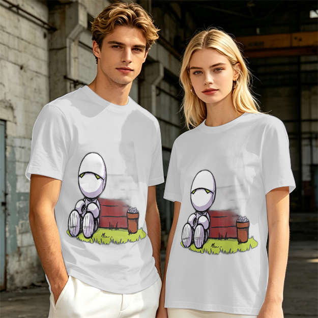 Olive T-Shirt With Sad Sitting Robot Graphic Print