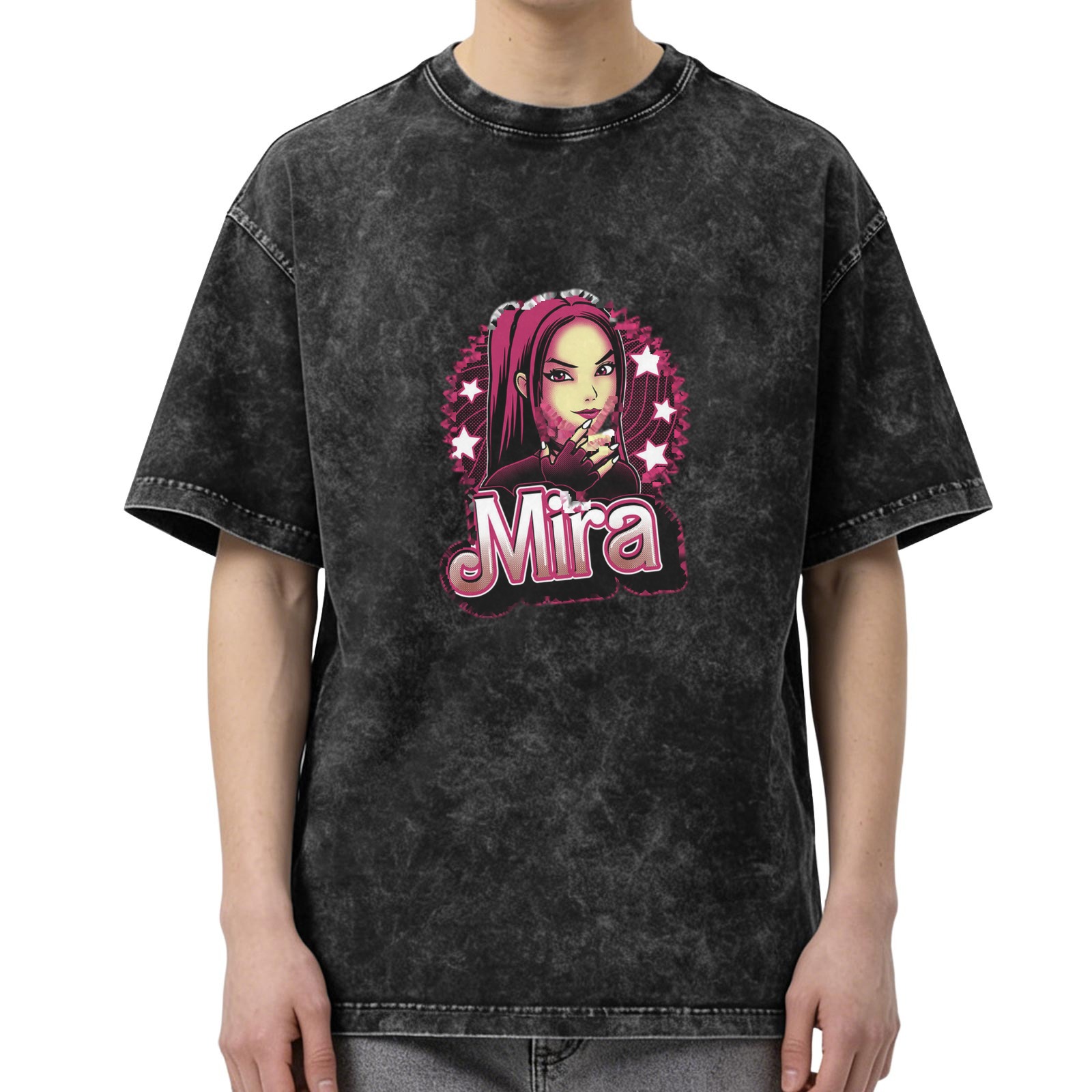 Washed Black Graphic T-Shirt with Mira Anime Girl Print