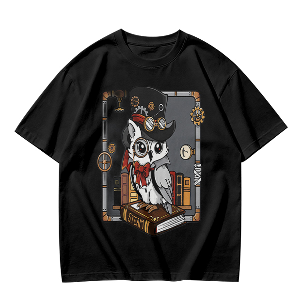 Owl in Steampunk Attire on Book Graphic Tee