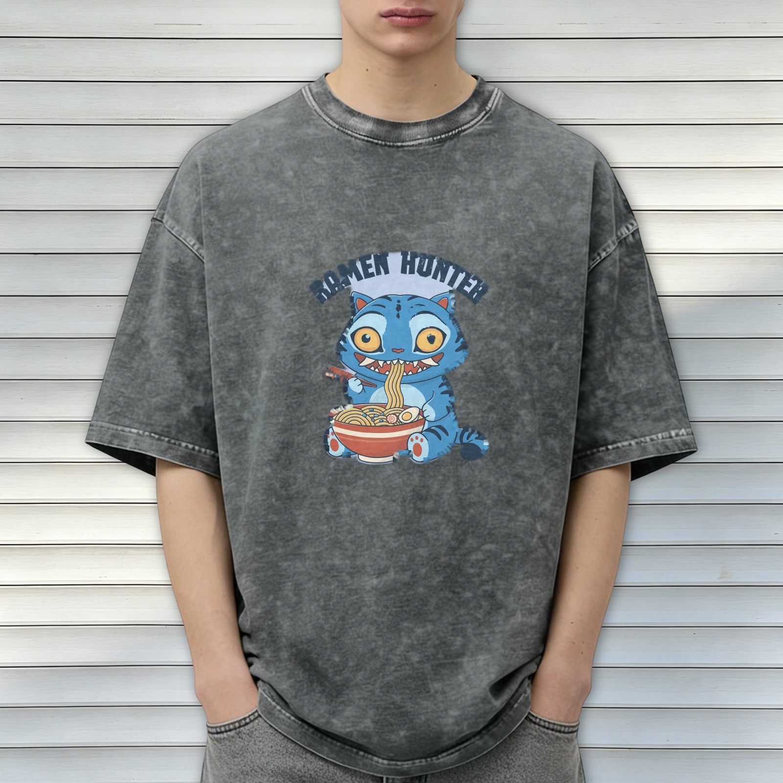 Ramen Hunter Cat Graphic Oversized Acid Wash T-Shirt