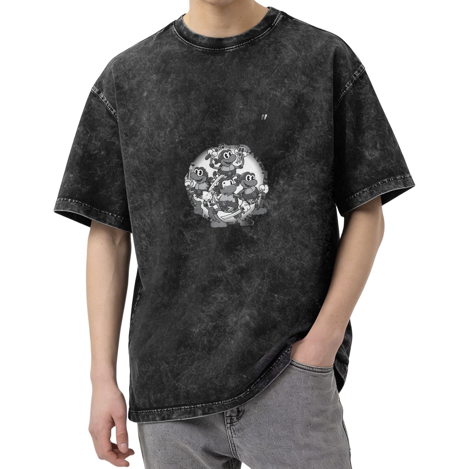oversized black acid wash t-shirt with retro cartoon turtle graphic