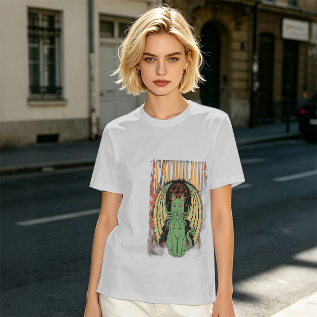 Olive T-shirt with Cthulhu Cat Graphic Print
