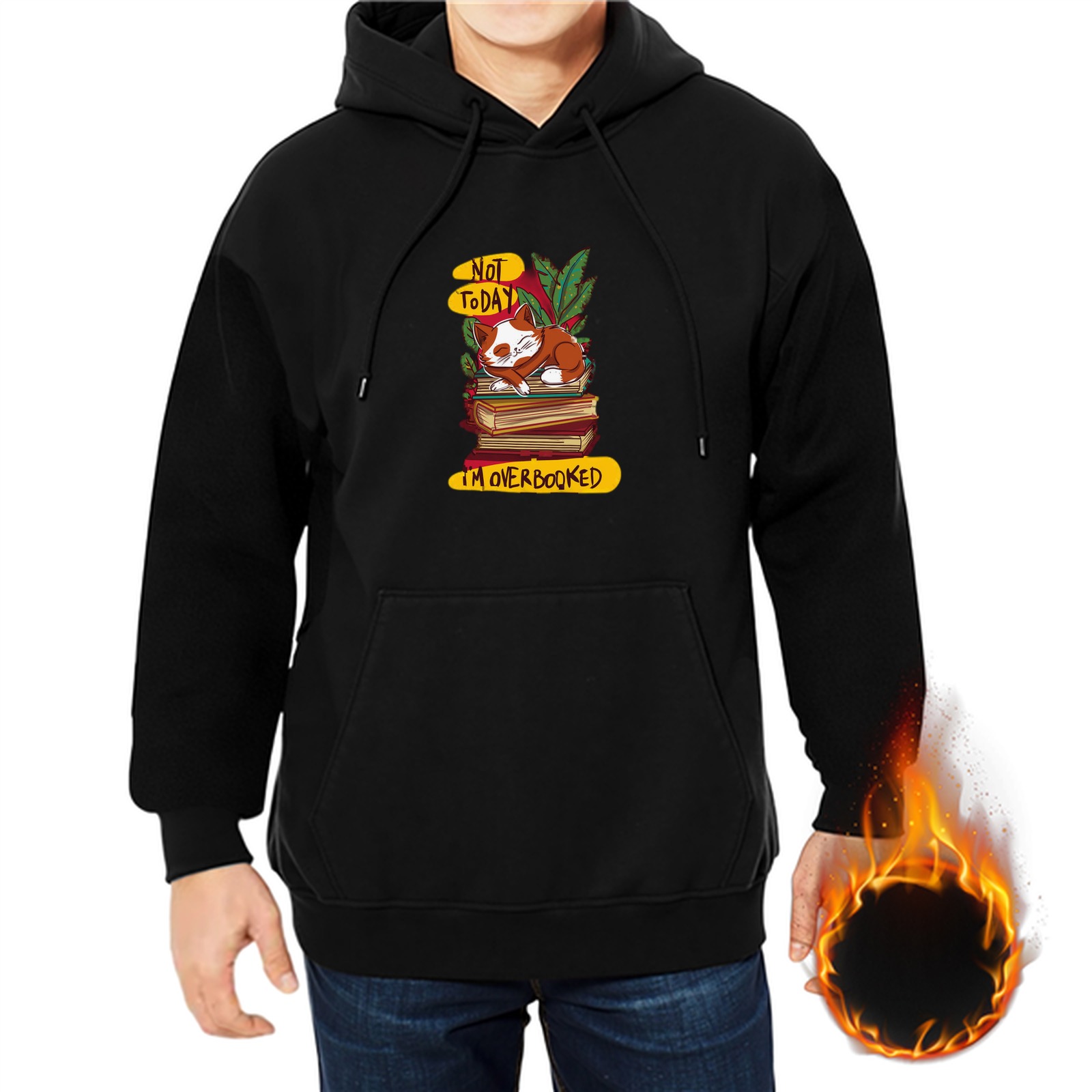 Black hoodie with a sleeping cat on books and 'Not Today I'm Overbooked' text
