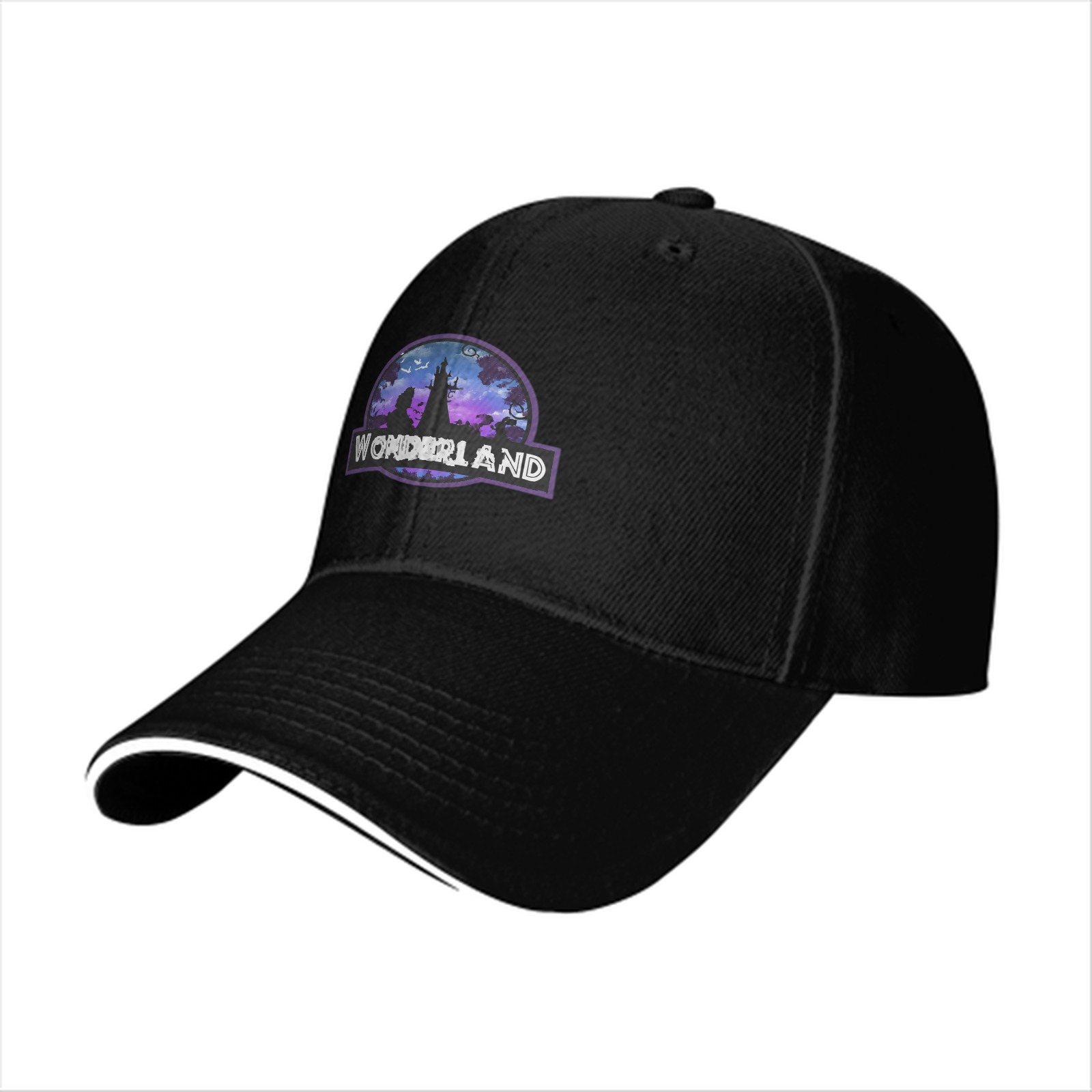 Black baseball cap with Wonderland fantasy castle graphic