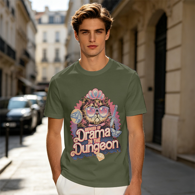 Olive T-Shirt with Drama in the Dungeon Cat Princess Graphic