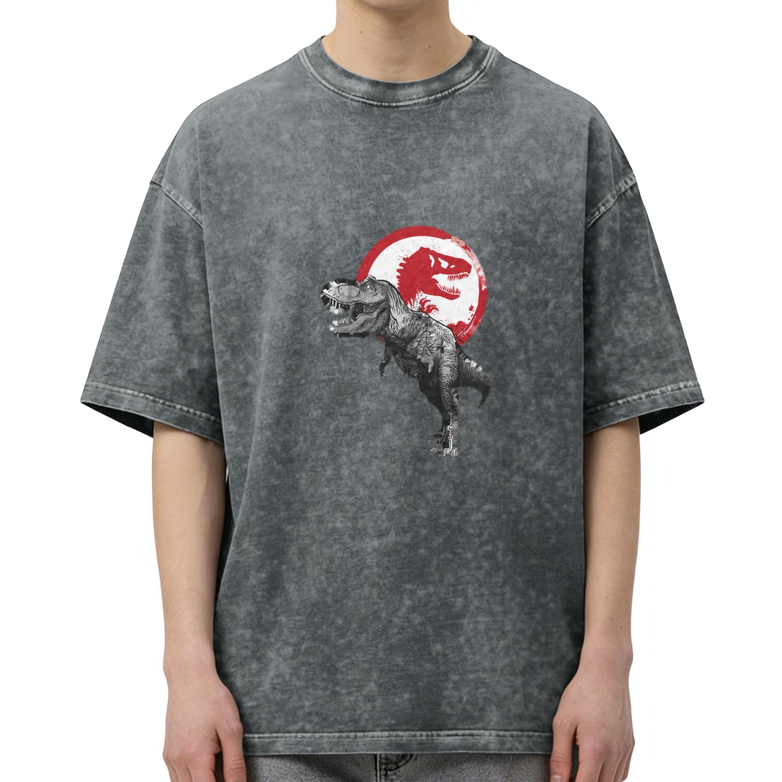 Washed Black Oversized T-Shirt with T-Rex Dinosaur Graphic