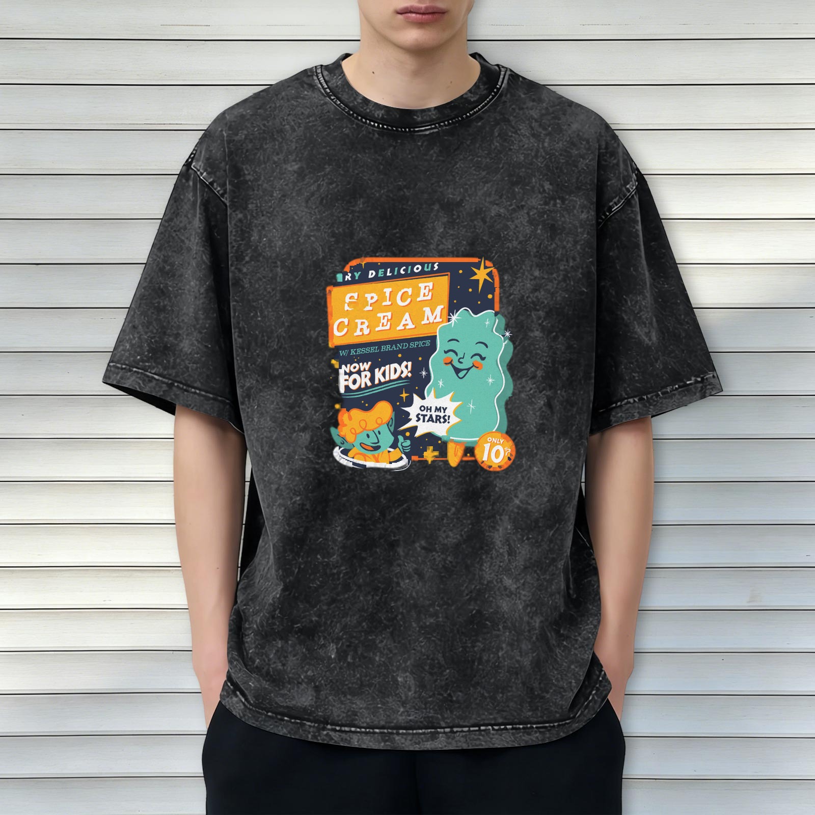 acid wash black t-shirt with retro space spice cream kids graphic