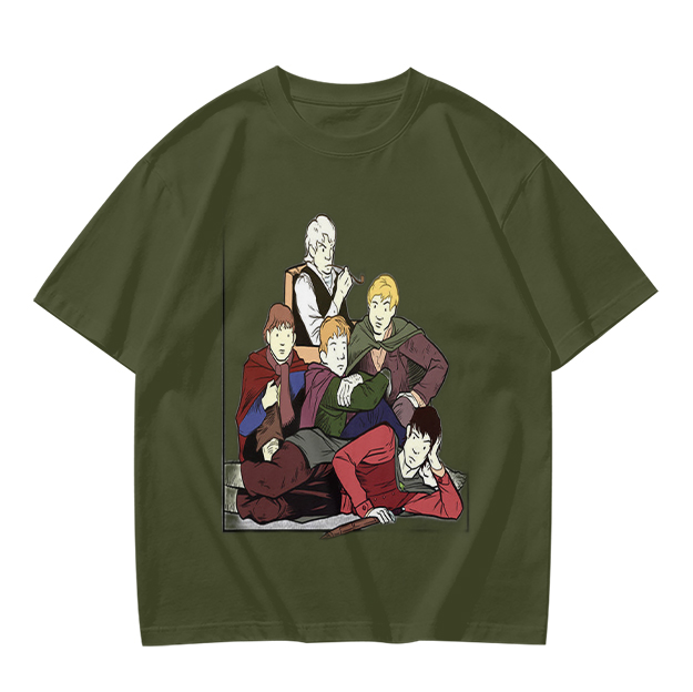 Olive T-shirt with Group of Fantasy Characters Graphic Print