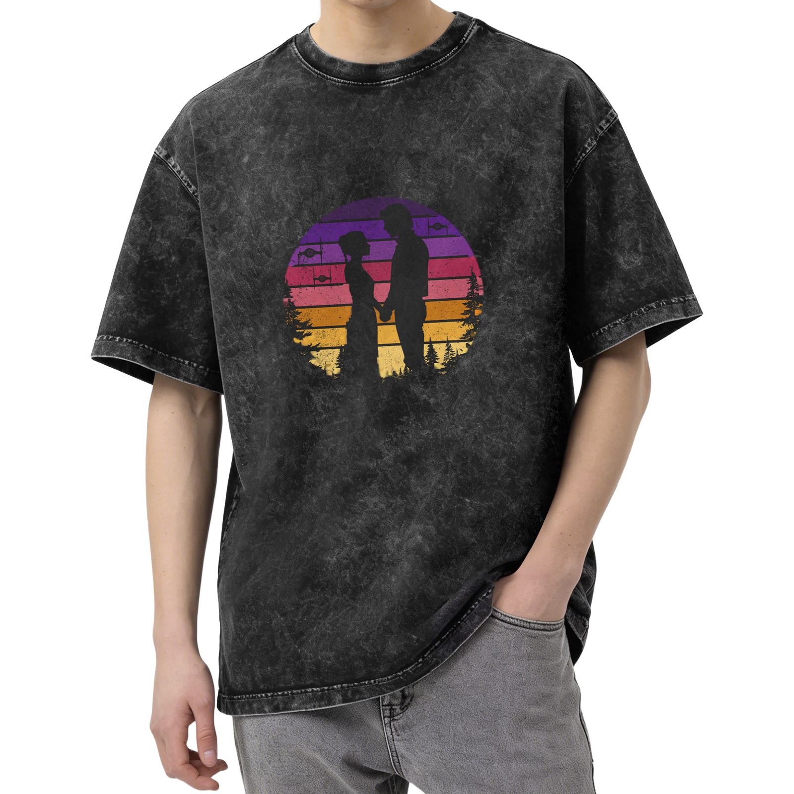 Washed Black T-Shirt with Retro Sunset Couple Silhouette Graphic