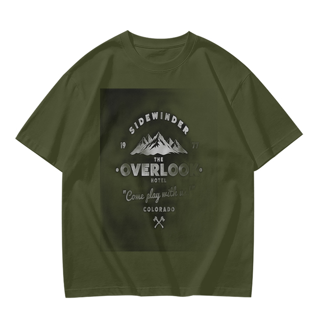 Olive t-shirt with Overlook Hotel mountain graphic print