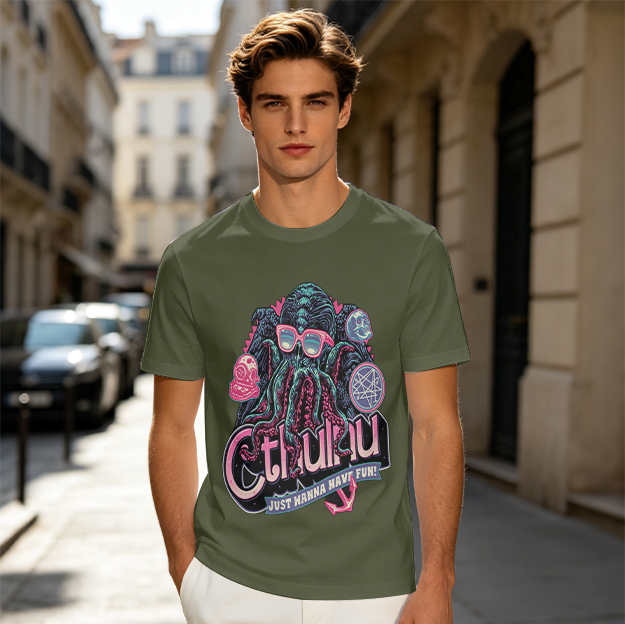 Olive T-Shirt with Cthulhu Wearing Sunglasses 'Just Wanna Have Fun' Print