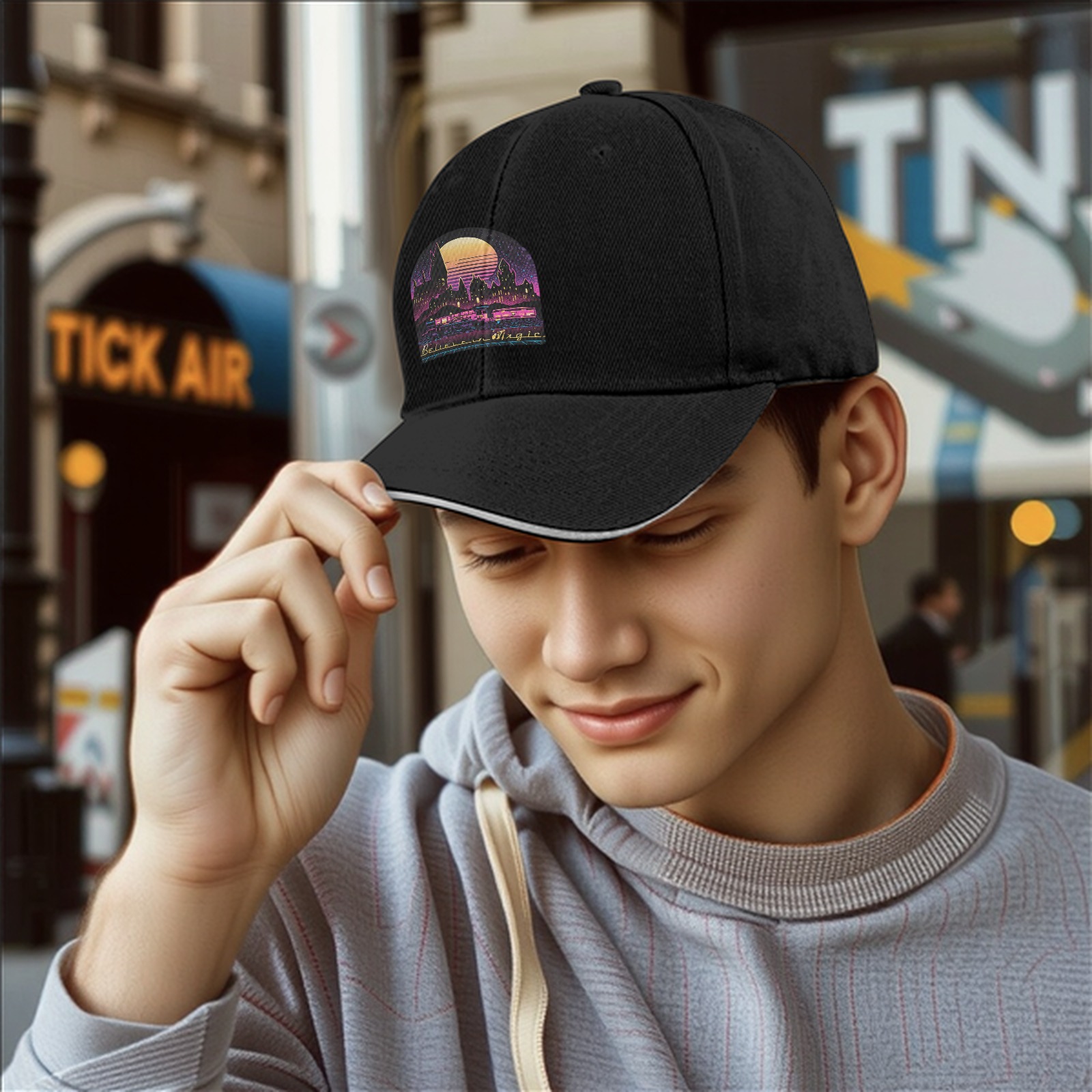 Black Baseball Cap With Neon Magic Castle Sunset Graphic