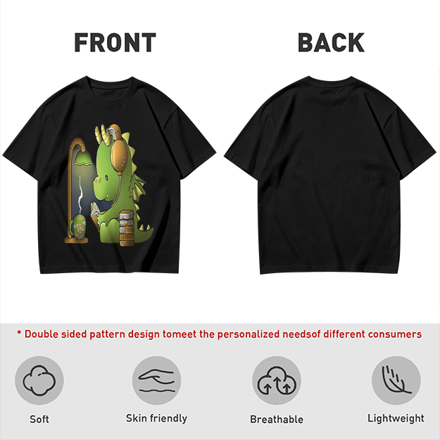 Olive T-Shirt with Cute Dragon Reading and Wearing Headphones