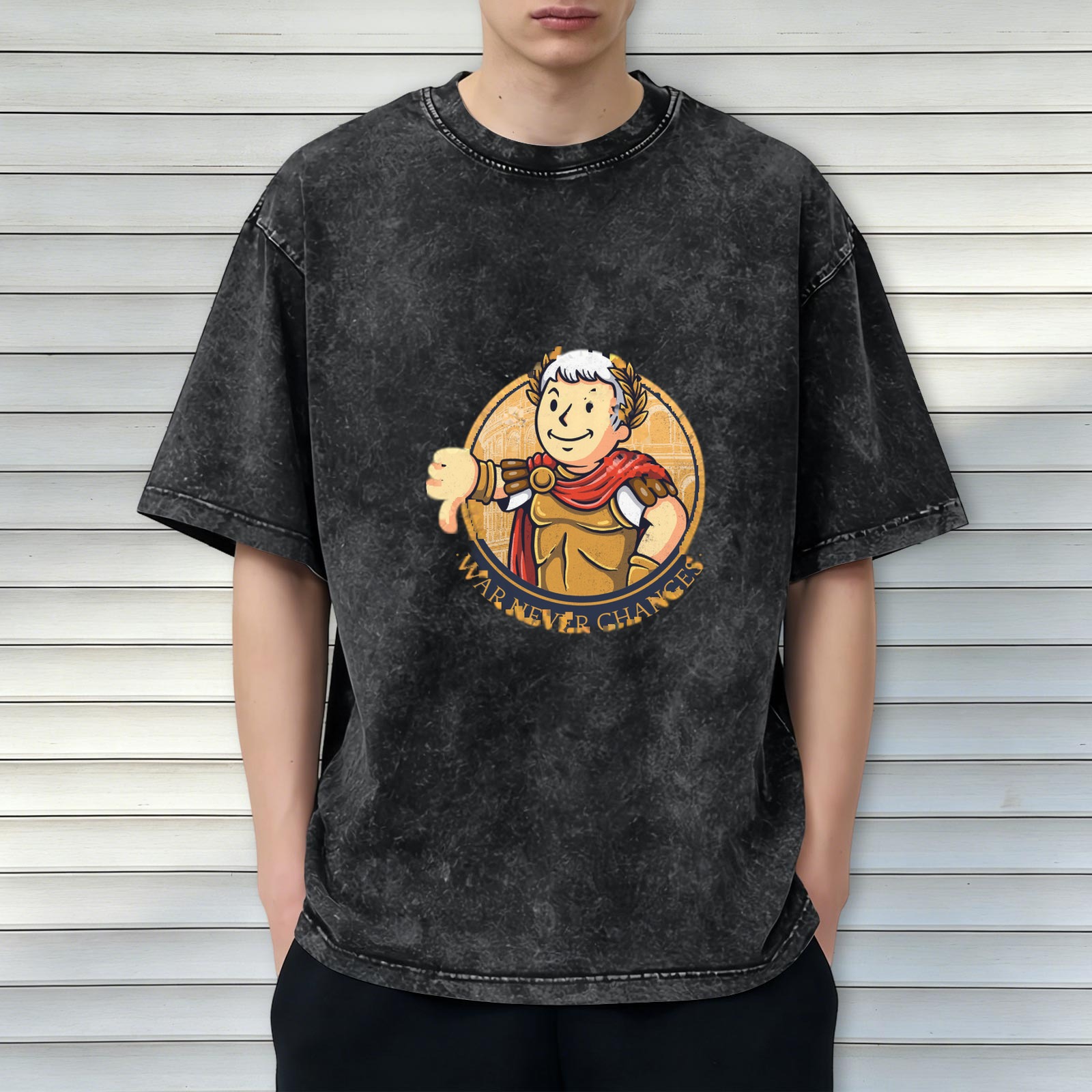 Washed Black T-Shirt with Roman Caesar Vault Boy 'War Never Changes' Graphic