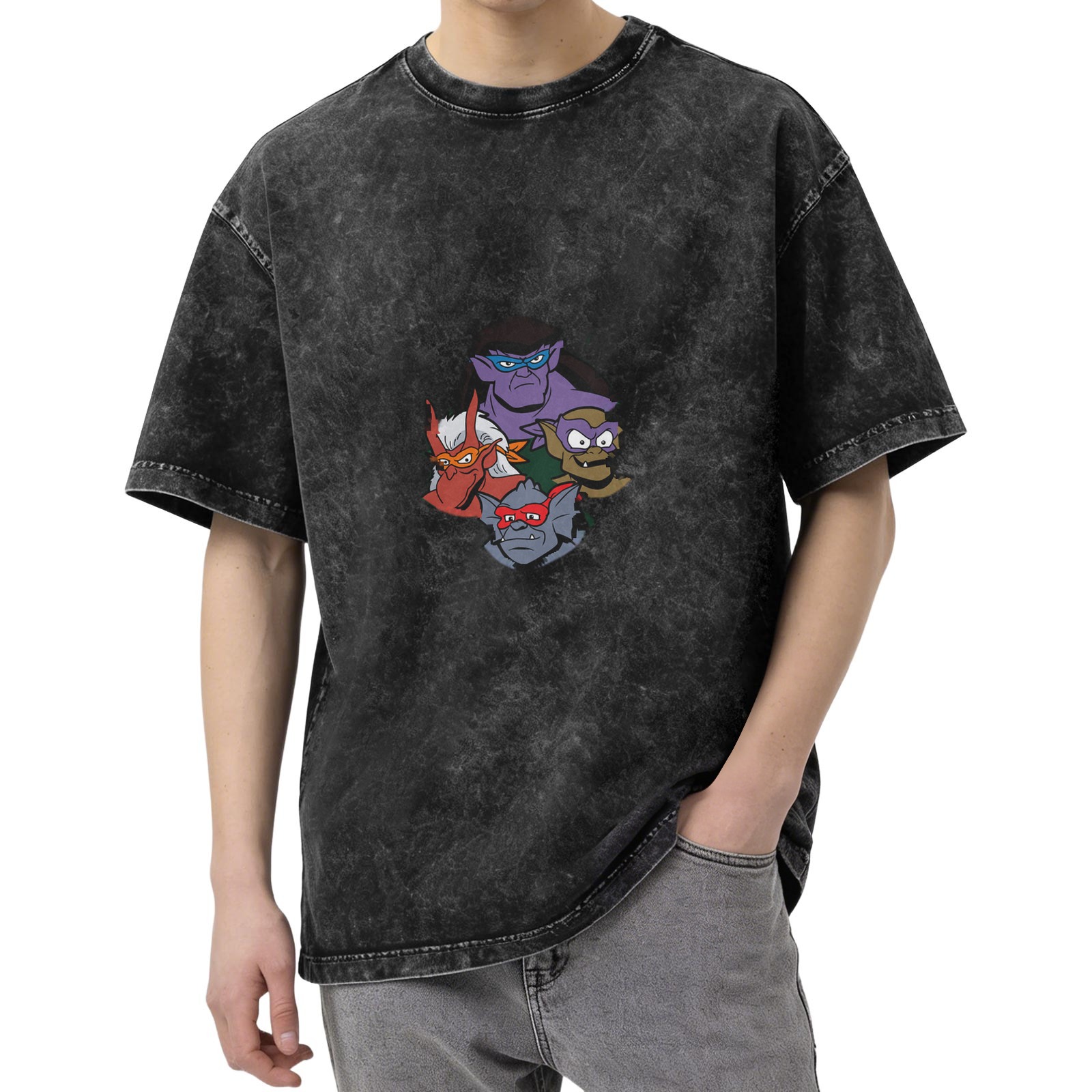 Washed black graphic t-shirt with Gargoyles cartoon character heads