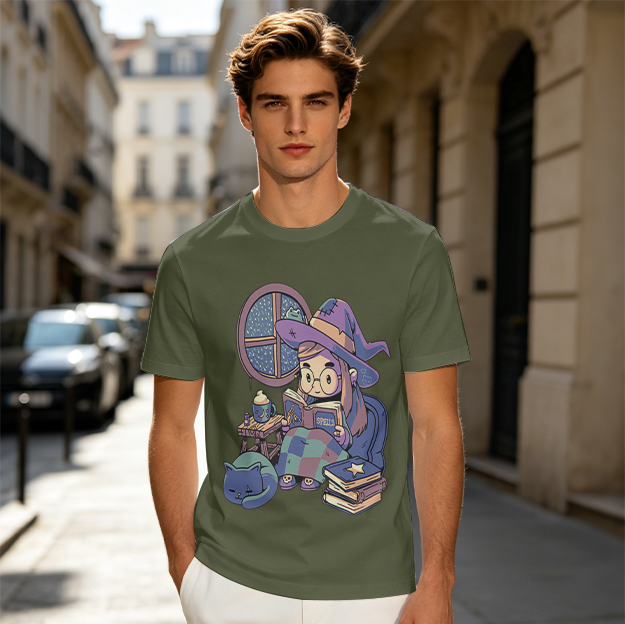 Olive t-shirt with cozy reading witch and cat graphic
