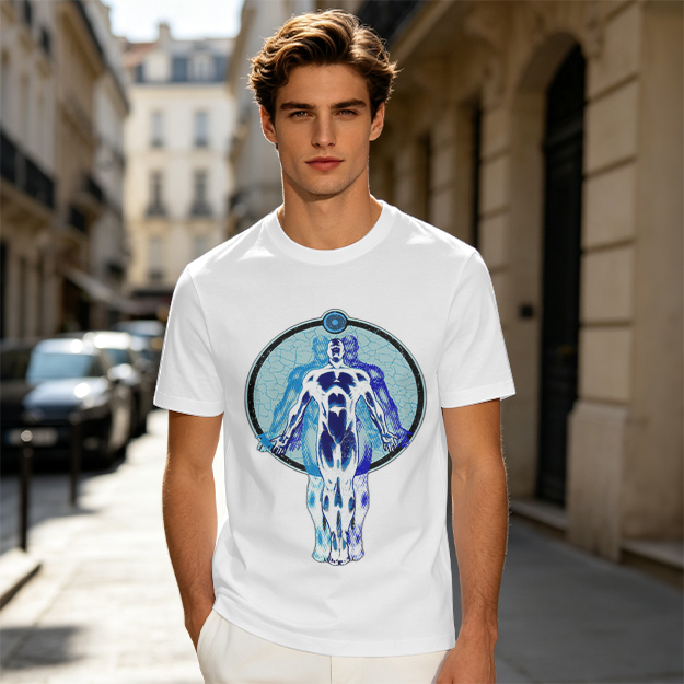 Olive T-Shirt with Glowing Blue Superhero Figure Graphic
