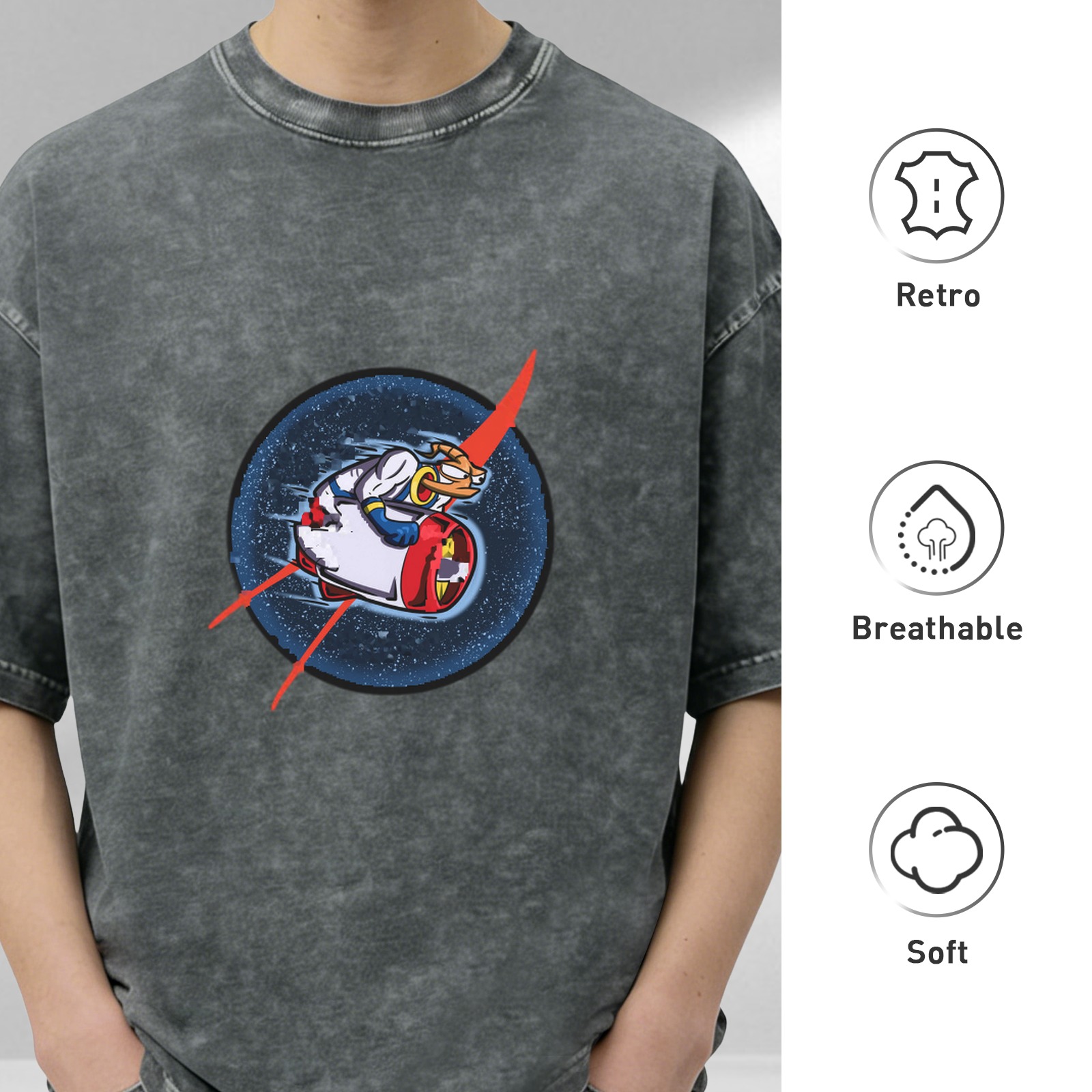 Oversized Acid Wash T-Shirt With Retro Space Duck Graphic Print