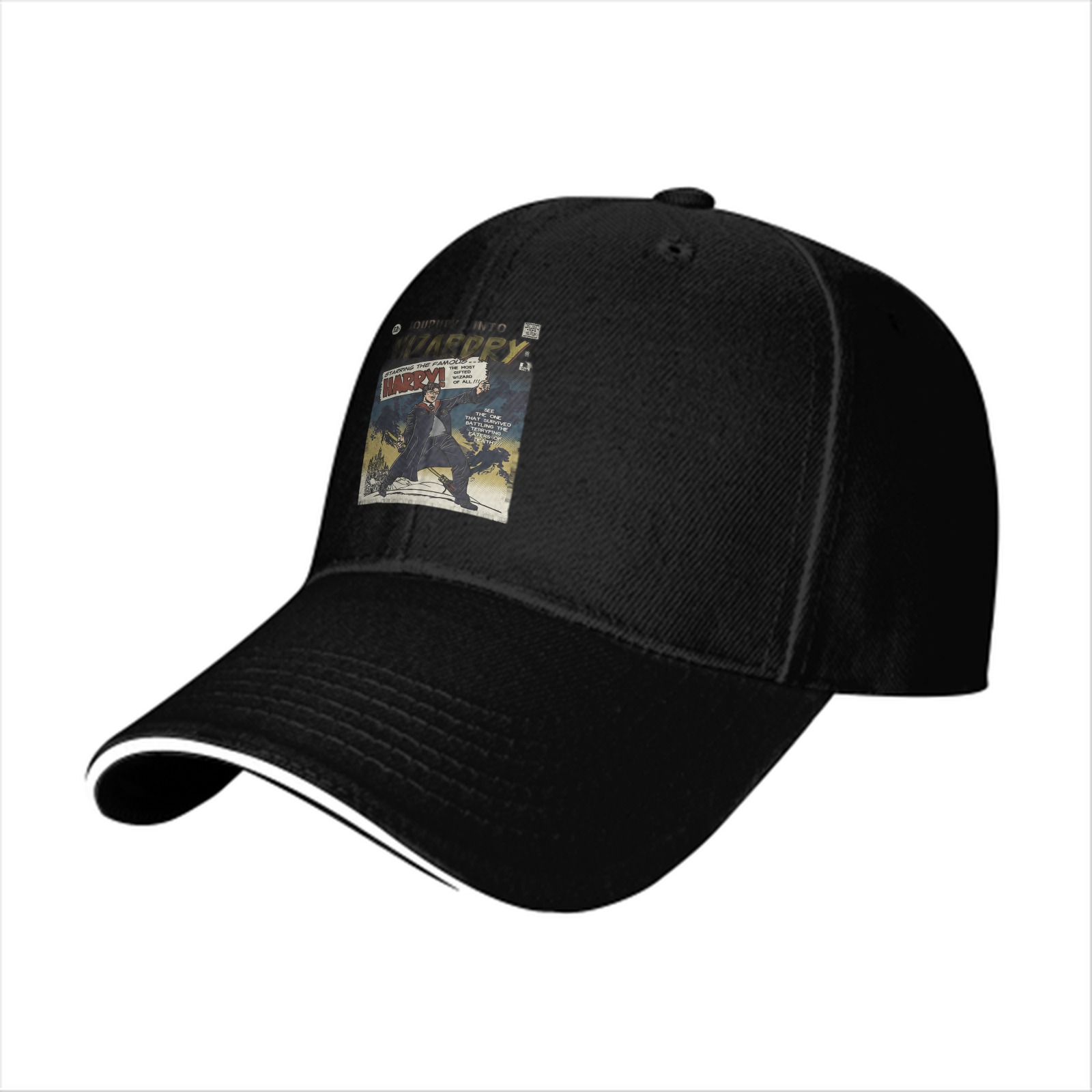 Black baseball cap with Harry Potter wizard comic print