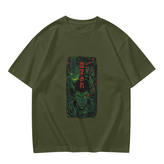 Olive anime graphic t-shirt with three dark fantasy characters