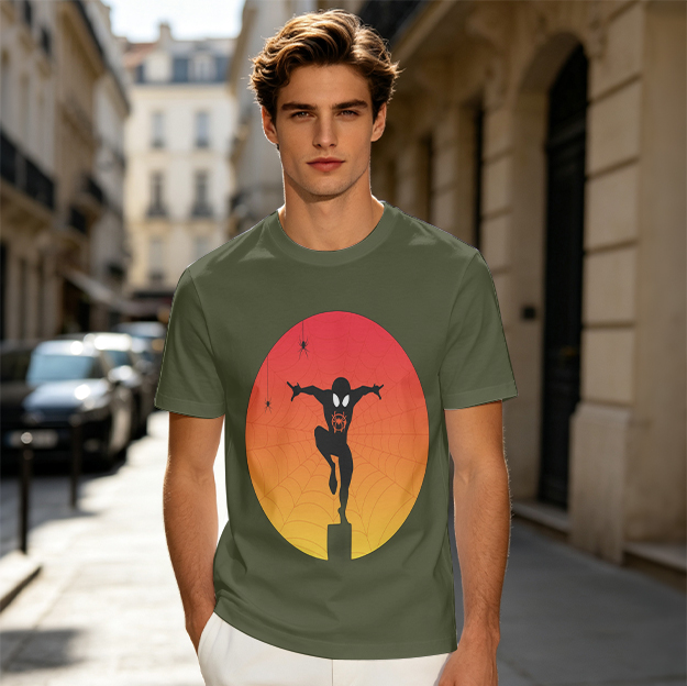 Olive T-Shirt with Spider-Man Silhouette Sunset Graphic