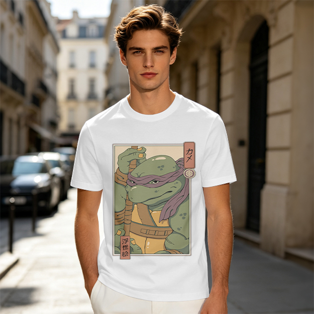 Olive T-shirt with Ukiyo-e style Donatello graphic print