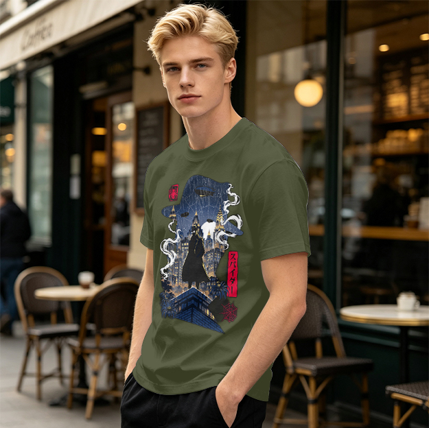 Olive T-Shirt with Night City Rooftop Spy Silhouette Art