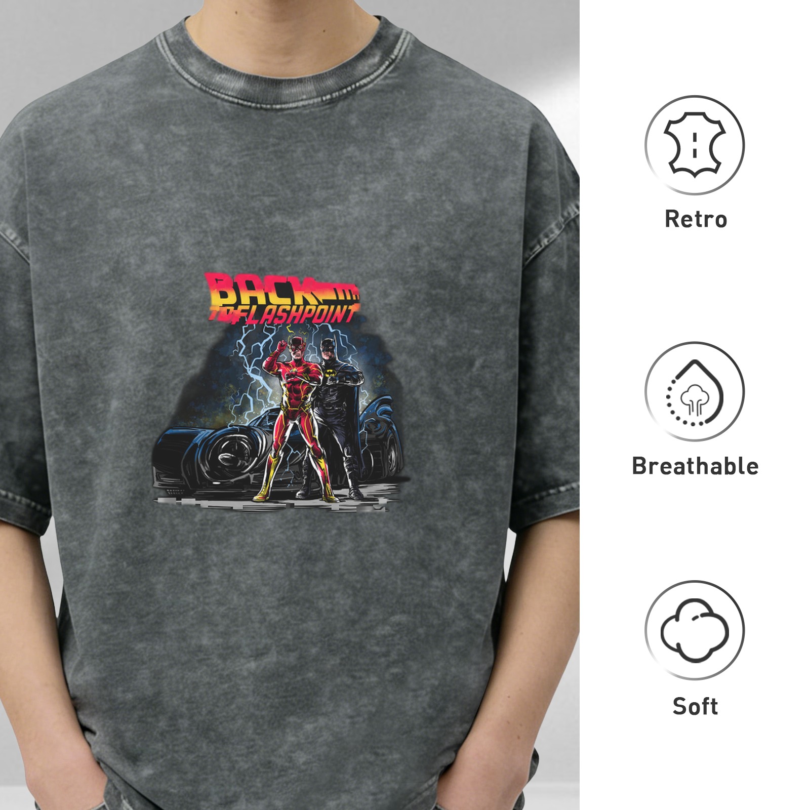 Back To Flashpoint Retro distressed washed black short-sleeved T-shirt Superhero themed printed top