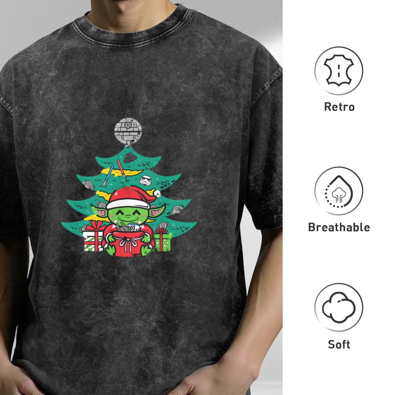 Washed Black T-Shirt with Star Wars Themed Christmas Yoda Design