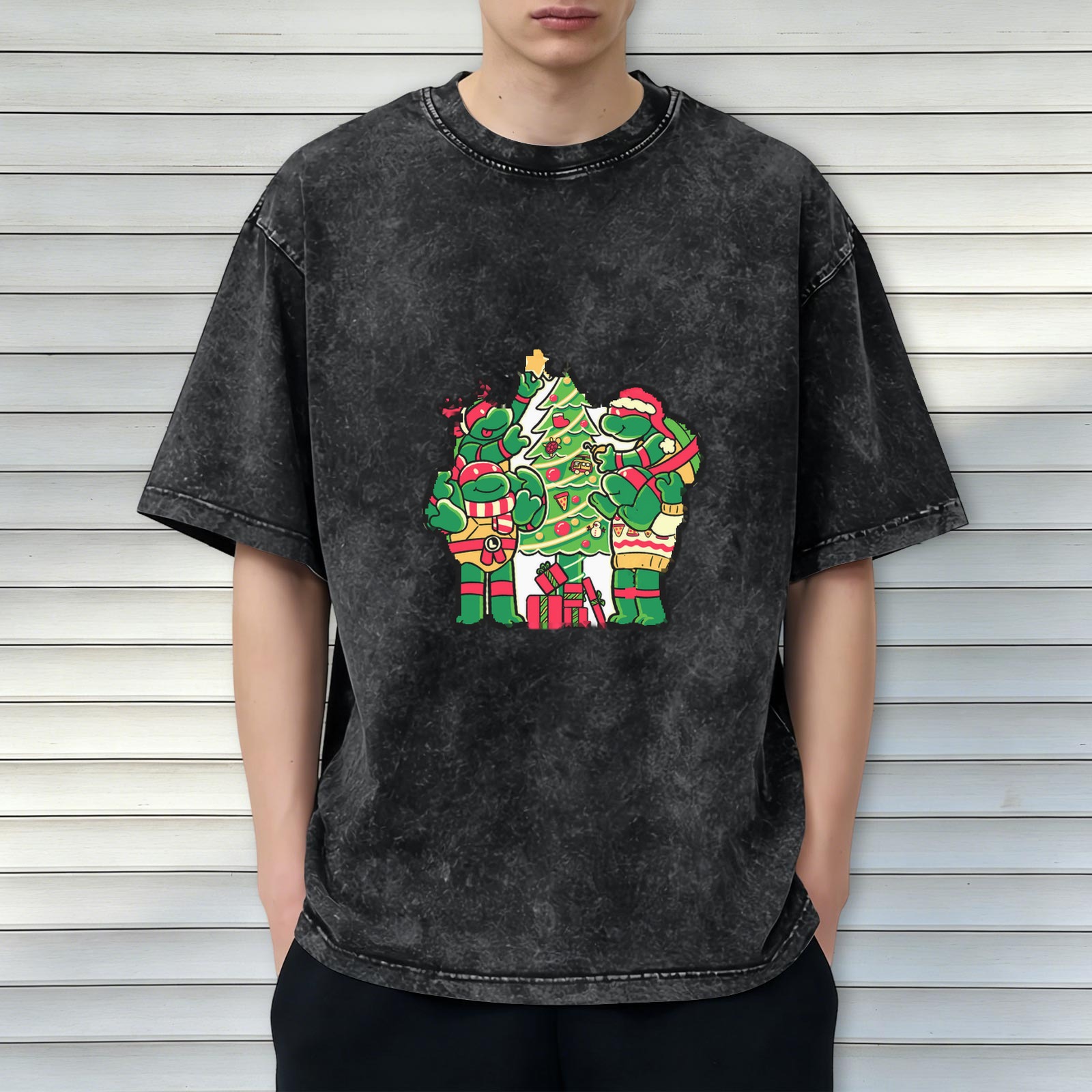 Washed Black T-Shirt with Teenage Mutant Ninja Turtles Christmas Design