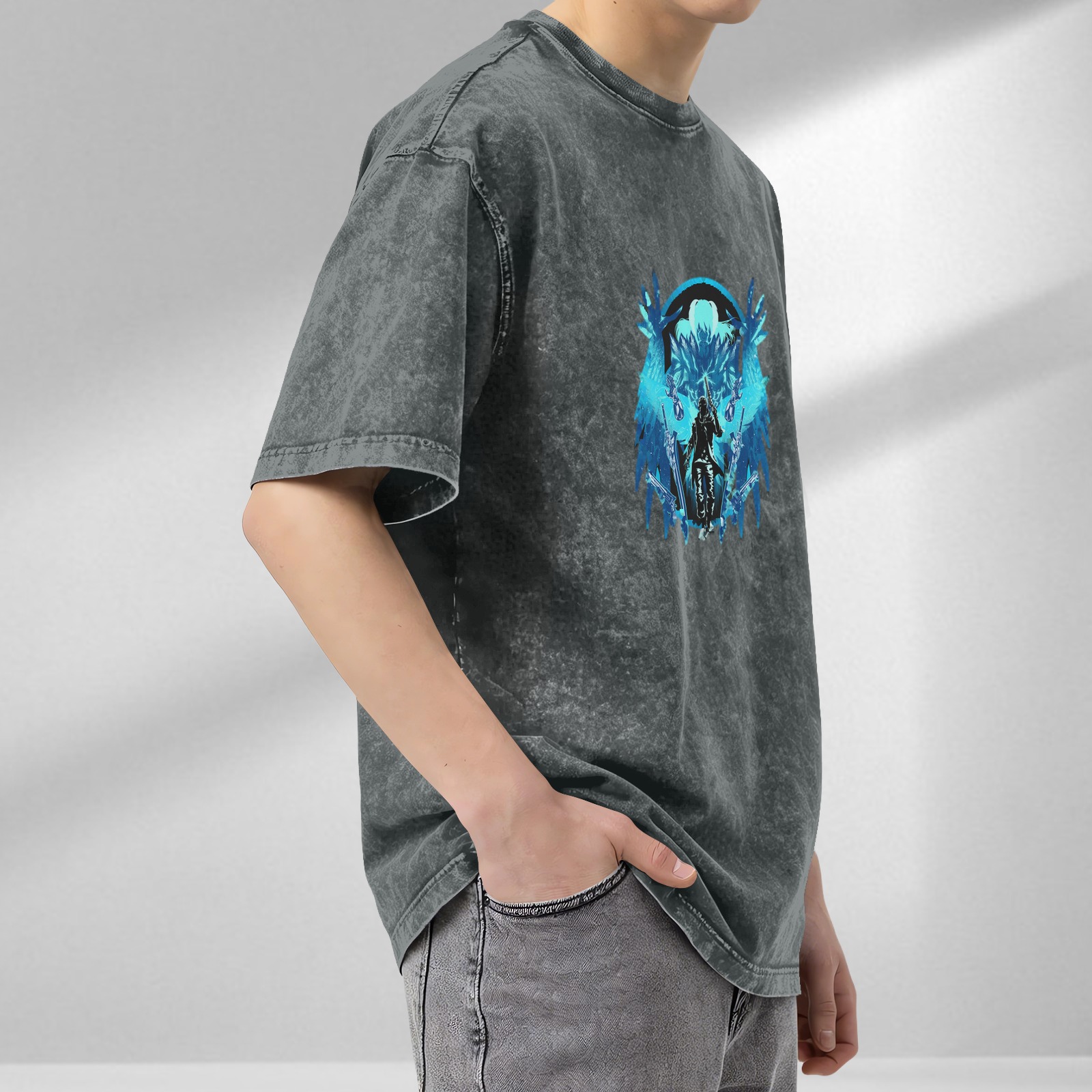 Washed Black Graphic T-Shirt With Blue Fantasy Winged Warrior Design