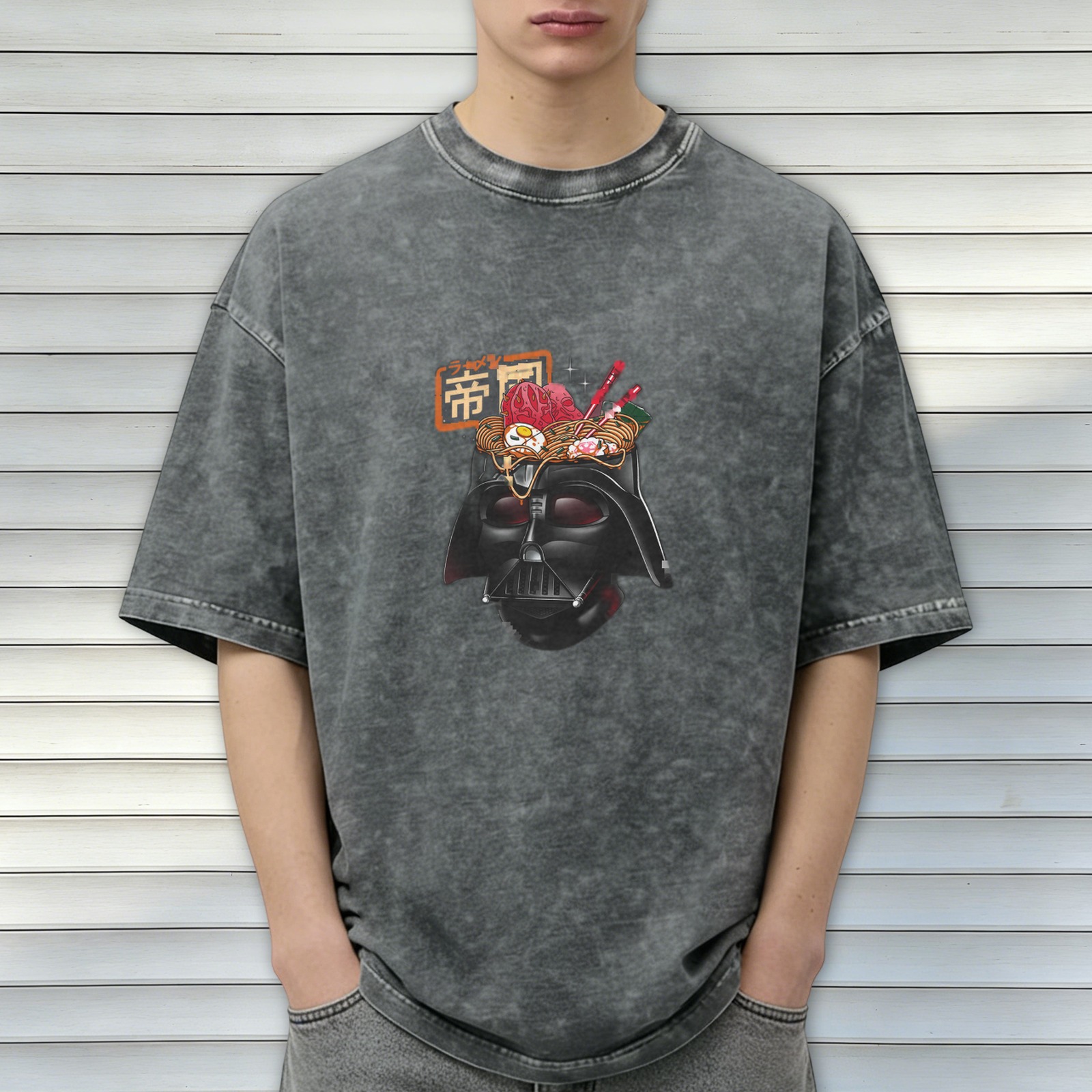Washed Black T-Shirt With Darth Vader Ramen Graphic Print