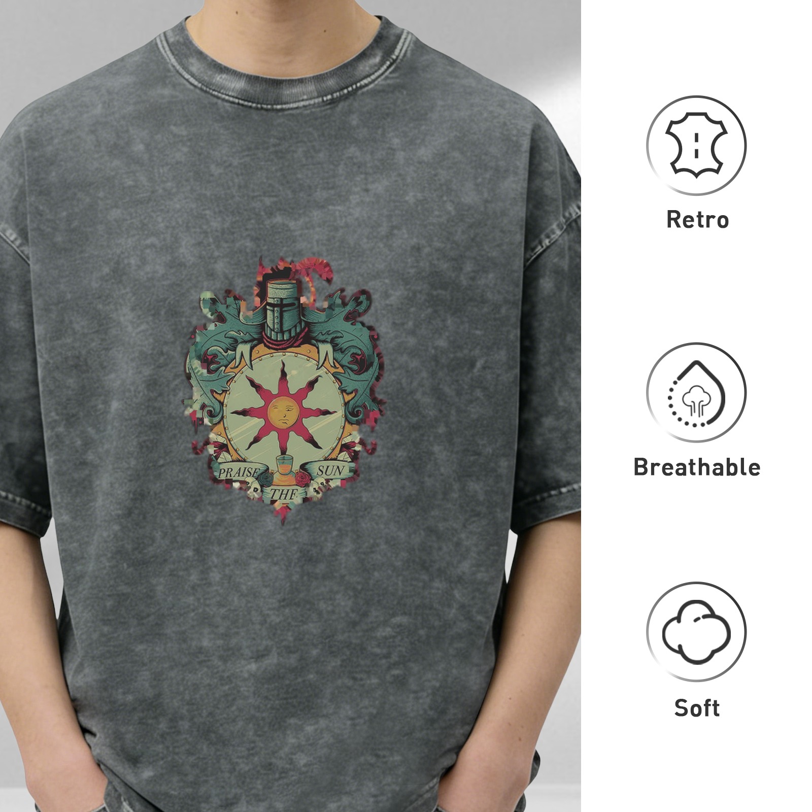 Dark Souls Praise The Sun Solaire Acid Wash Oversized T-Shirt