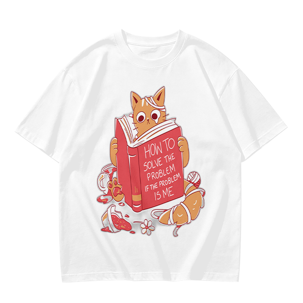 Olive T-Shirt With Ginger Cat Reading Self-Help Book Print