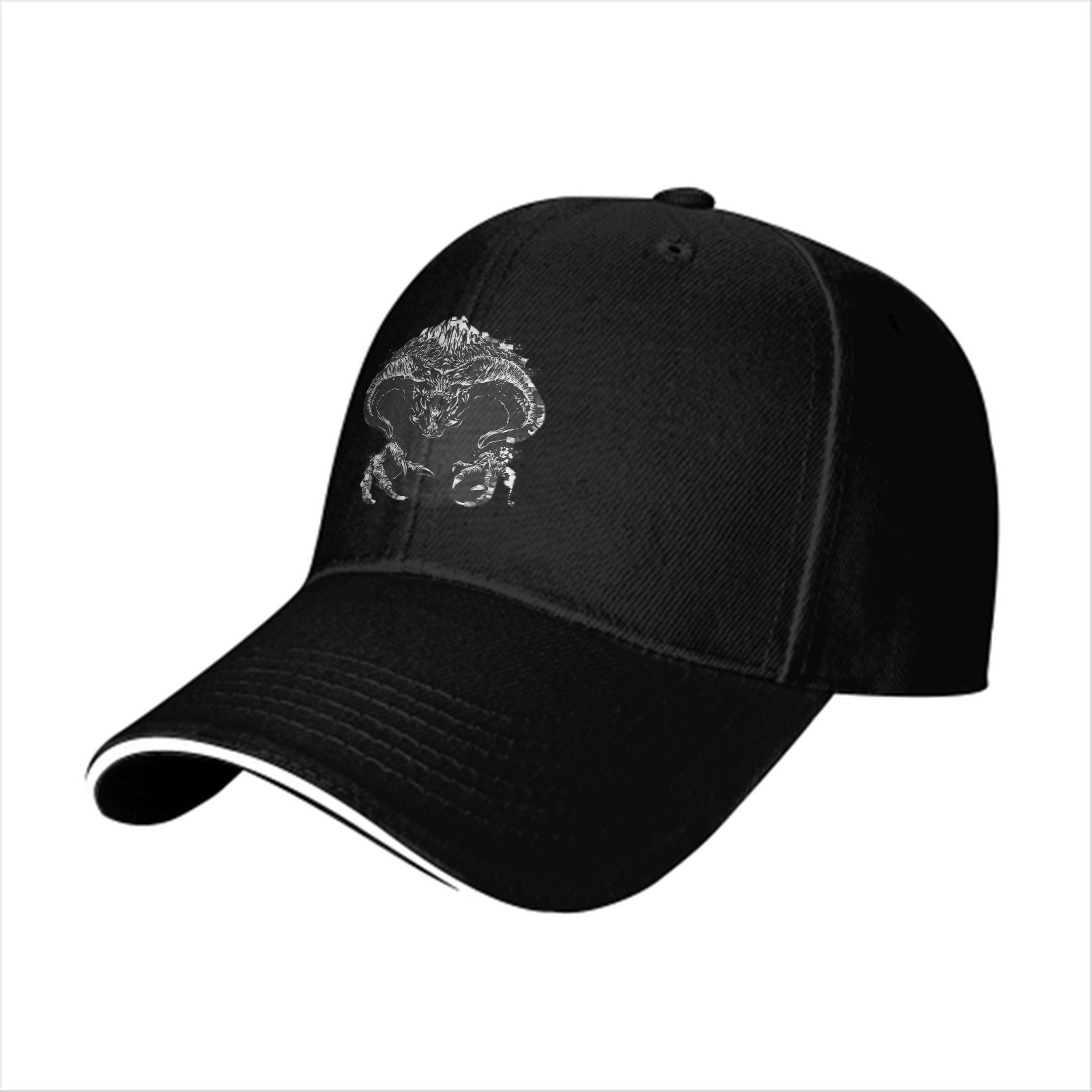 Black Baseball Cap With Detailed Fantasy Monster Print