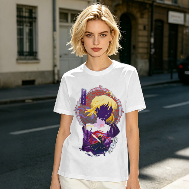 Olive green anime graphic t-shirt with Saber character print