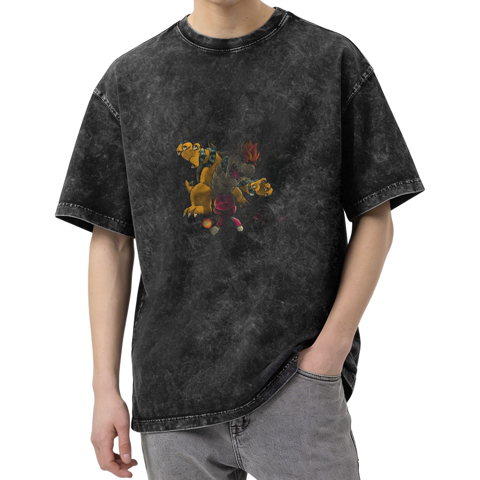 oversized acid wash t-shirt with three-headed monster graphic print