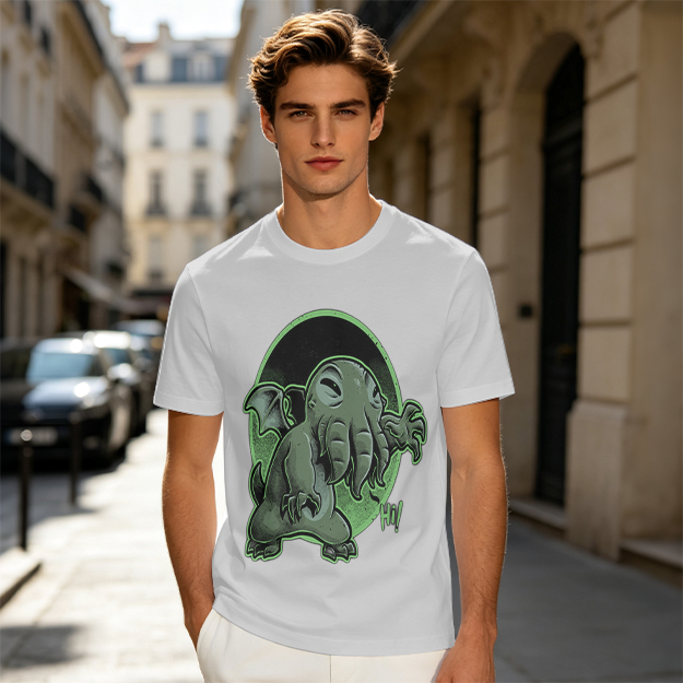 Olive T-Shirt Featuring Cute Cartoon Cthulhu Saying Hi