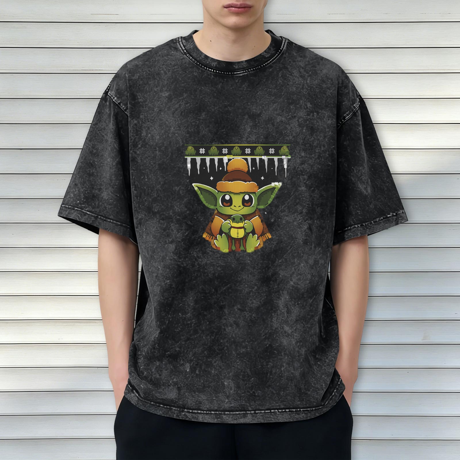 Washed black t-shirt with cute Baby Yoda holiday frog graphic
