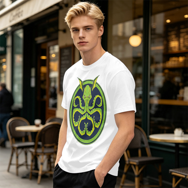 Olive Green T-Shirt with Octopus Demon Graphic Print