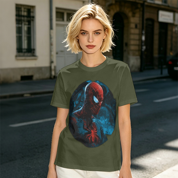Olive Green T-Shirt with Dark Artistic Spider-Man Print